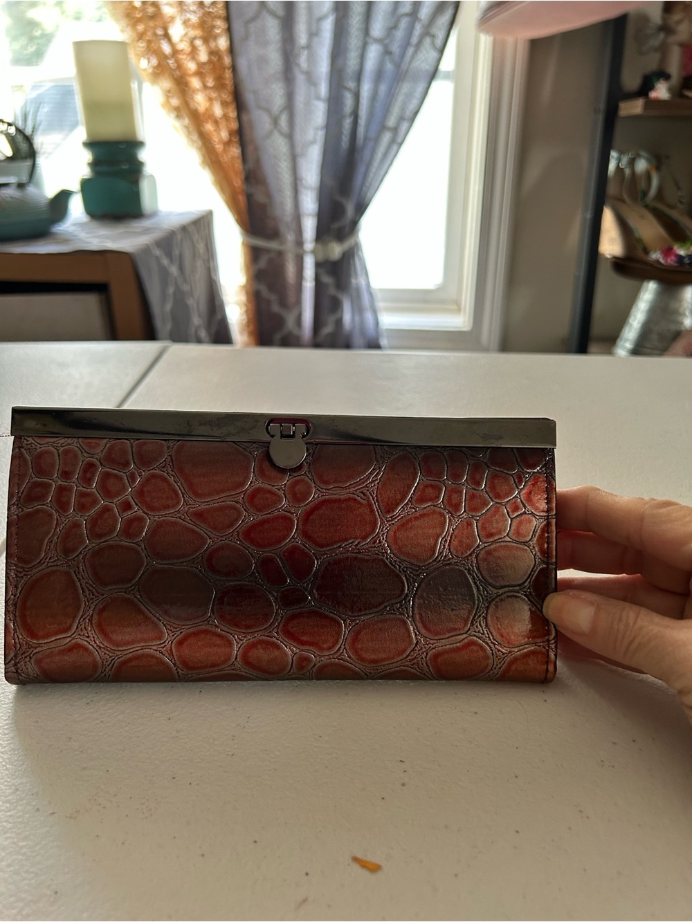 Croc-Texture Red Wallet Clutch with Metal Frame